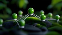 Green spheres connected by thin lines resting on dark stones with moss, creating futuristic molecular structure composition in dramatic lighting against blurred background.