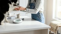 A young woman with light skin tone wearing a denim apron and striped long-sleeve shirt feeds a black and white dog at a white table with pet food bowls and supplies nearby.