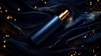 Luxury navy blue cosmetic bottle with gold cap on dark silk fabric background with glitter sparkles and bokeh lights creating premium atmosphere.