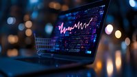 Financial market data and shopping cart on laptop screen with stock chart analysis and trading graph in blue and pink neon colors against blurred background.