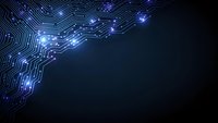 Blue glowing circuit board pattern with electronic pathways and light effects on dark background for technology and digital design projects.