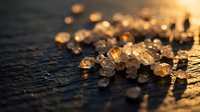Scattered golden crystals and mineral fragments on dark wet surface with warm sunlight creating bokeh effect and reflective highlights.