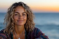 Young woman with wavy blonde hair and warm smile wearing casual shirt at sunset beach. Golden hour portrait for lifestyle, travel, and wellness content.