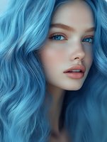 Young woman with bright blue wavy hair and natural makeup looking dreamily away, featuring striking blue eyes and soft pink lips against dark background.