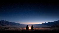 Two people sitting together watching starry night sky over mountain valley landscape with twilight horizon glow for astronomy and outdoor adventure concepts.