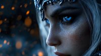 Mystical female portrait with glowing blue eyes and silver crown against dark background with bokeh lights, dramatic fantasy makeup and white hair.