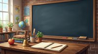 Classroom desk with chalkboard, globe, books, and supplies for teaching and learning environments.
