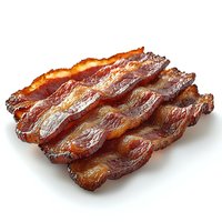 Crispy fried bacon strips with golden brown edges and rich meaty texture, arranged in parallel rows on white background, isolated for culinary and menu design.