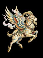 Ornate winged goat with golden horns and colorful swirling details, isolated on transparent background, ready for stickers, t-shirt design, and print on demand.