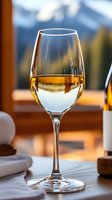 Glass of white wine on wooden table with mountain landscape background during golden hour sunset creating warm atmospheric dining experience.