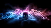 Glowing spider silhouette with neon pink and blue energy waves radiating outward against dark background creates mysterious atmospheric effect.