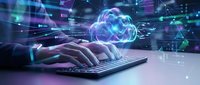Hands typing on laptop with glowing digital brain hologram and network connections representing artificial intelligence and machine learning technology.