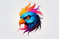 Fierce eagle head with vibrant rainbow-colored feathers and piercing orange eye on light background, stylized mascot design for sports teams and gaming logos.