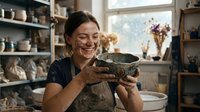 Young woman with dark hair and olive complexion, wearing a black apron, smiling while holding a handmade ceramic bowl in a pottery studio with shelves of clay vessels and dried flowers.