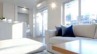 Modern bright living room interior with beige sofa, navy blue pillows, and large windows letting in natural sunlight, showcasing minimalist contemporary design style.