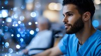 Young Middle Eastern male healthcare professional in blue scrubs working late shift with bokeh city lights background creating atmospheric medical workplace scene.