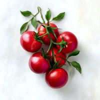 Fresh ripe red tomatoes on vine with green leaves isolated on white background. Clean composition for food photography and healthy eating concepts.