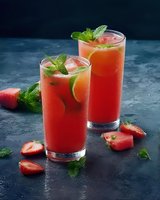 Fresh strawberry mojito cocktails garnished with lime slices, mint leaves and ice cubes on dark background, surrounded by cut strawberry pieces and mint sprigs.