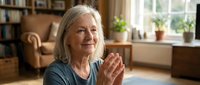 Senior Caucasian woman with gray hair meditating at home, hands in prayer pose, calm and mindful expression in cozy living room.