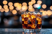 Glass of cola with ice cubes on dark surface against blurred bokeh lights, suitable for beverage, restaurant, bar and hospitality marketing materials.
