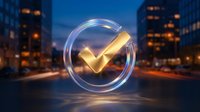 Golden checkmark symbol glowing in neon circle against blurred city skyline at dusk for business success and approval concepts.