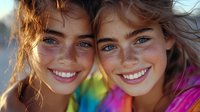 Young women with freckles and radiant smiles in natural sunlight, one wearing vibrant tie-dye clothing. Wind-swept hair and genuine expressions create joyful summer mood.