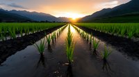 Vibrant green rice seedlings in flooded paddy field reflect golden sunset light between mountains, creating symmetrical rows leading to horizon with dramatic sky.
