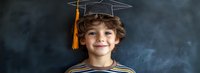 Young boy wearing graduation cap with gold tassel smiling against dark background, wearing striped shirt. Concept of early education and academic achievement.