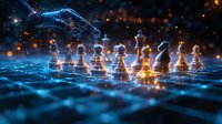 Glowing glass chess pieces on reflective blue surface with dramatic lighting and bokeh effects create futuristic gaming atmosphere. Strategic business concept.