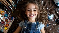 Joyful young girl with flowing brown hair wearing denim overalls and gray shirt lying on floor next to watercolor paint palette, expressing pure happiness and creativity.