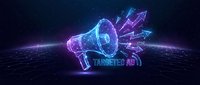 Digital megaphone with neon lightning effects and glowing particles on dark background for marketing and communication concepts.