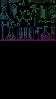 Neon chemistry laboratory equipment and molecular structures on black background for science education and research presentations.