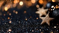 Glittering golden stars and bokeh lights on dark background with magical sparkles and festive decorations create dreamy holiday atmosphere.