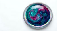 Vibrant swirled paint mixture in metallic bowl with turquoise, purple and pink colors creating abstract fluid art patterns for creative projects.