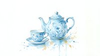Watercolor tea set with floral pattern teapot and cup on white background. Hand drawn illustration for kitchen decor, dining room art, tea party invitations.