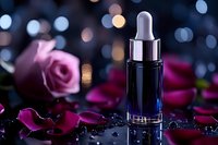 Luxury serum dropper bottle with rose petals on dark background with bokeh lights, cosmetic product photography for beauty and skincare advertising.
