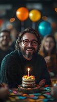 Bearded Caucasian man in glasses and sweater smiling at birthday cake with single candle. Colorful balloons and party atmosphere create warm celebratory mood.