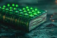 Vintage book with green bokeh lights creating magical atmosphere on dark background. Mysterious literary concept for fantasy and imagination stories.