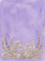 Lavender watercolor background with ornate gold botanical flourishes and scrollwork border, suitable for wedding invitations, greeting cards, and elegant design projects.
