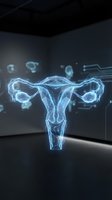 Glowing polygonal hologram of female reproductive system floating in dark digital room with circuit board elements.