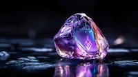 Glowing purple crystal with neon light reflection on dark wet surface creates mystical atmosphere, magical gemstone with inner illumination and ethereal glow.