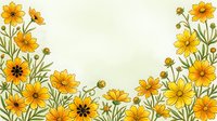 Yellow daisy flowers border frame with green stems and buds on cream background. Floral botanical illustration for spring summer greeting cards and decorations.