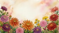 Watercolor chrysanthemum border with colorful blooms in red, orange, pink, purple, and yellow on a soft warm background with copy space.