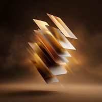 Abstract golden and white layered panels floating in dramatic brown atmosphere with light beams creating dynamic composition for technology or finance concept.