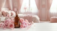 Essential oil bottle with dropper surrounded by pink roses on white surface in soft feminine bedroom interior for aromatherapy and wellness treatments.