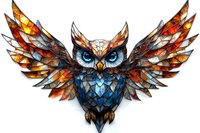 Geometric owl with spread wings in stained glass style featuring vibrant orange, blue and metallic tones on white background, ready for design projects.