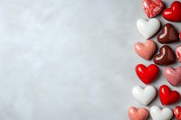Colorful heart-shaped chocolates and candies arranged on light gray background for Valentine's Day celebration and romantic occasions.
