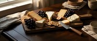 Assorted cheese and grapes arranged on wooden board with knife, ideal for food styling, culinary content, entertaining, and gourmet lifestyle photography.