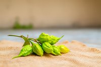 Fresh green hot chili peppers on wooden cutting board in modern kitchen setting for cooking and culinary preparation.