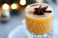 Yellow cocktail garnished with star anise and chocolate powder in crystal glass against blurred festive lights background, creating cozy winter atmosphere.